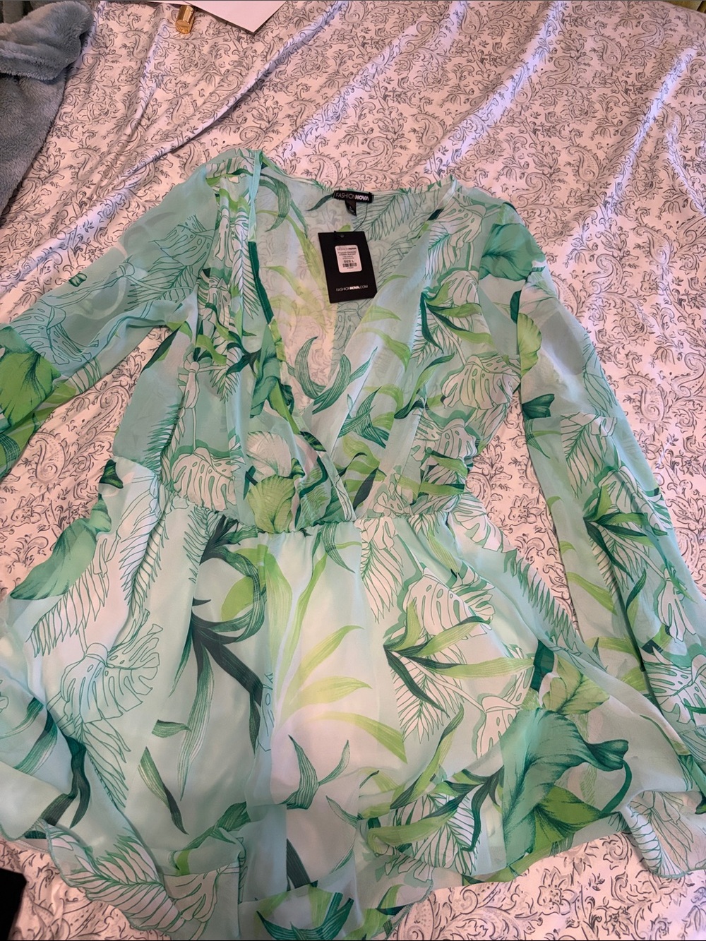 Fashion Nova Mint and Green Tropical Sheer V-Neck Dress